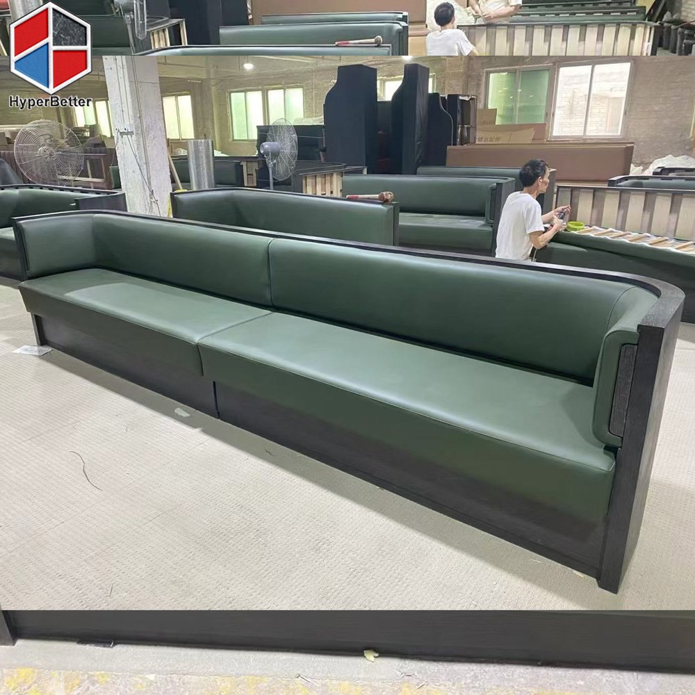 Walnut Timber Frame Green Leather Restaurant Booth Sofa